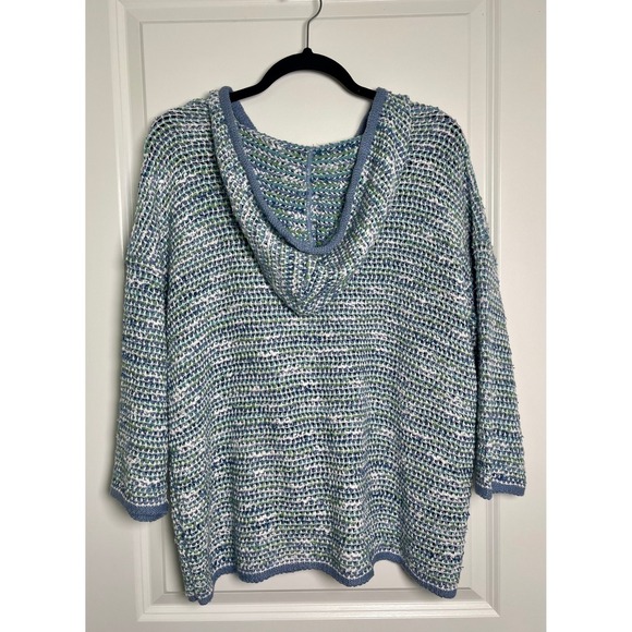 J.Jill Large Hooded Knit Sweater Blue Green White Textured Relaxed Fit Boho Cosy - Picture 5 of 8